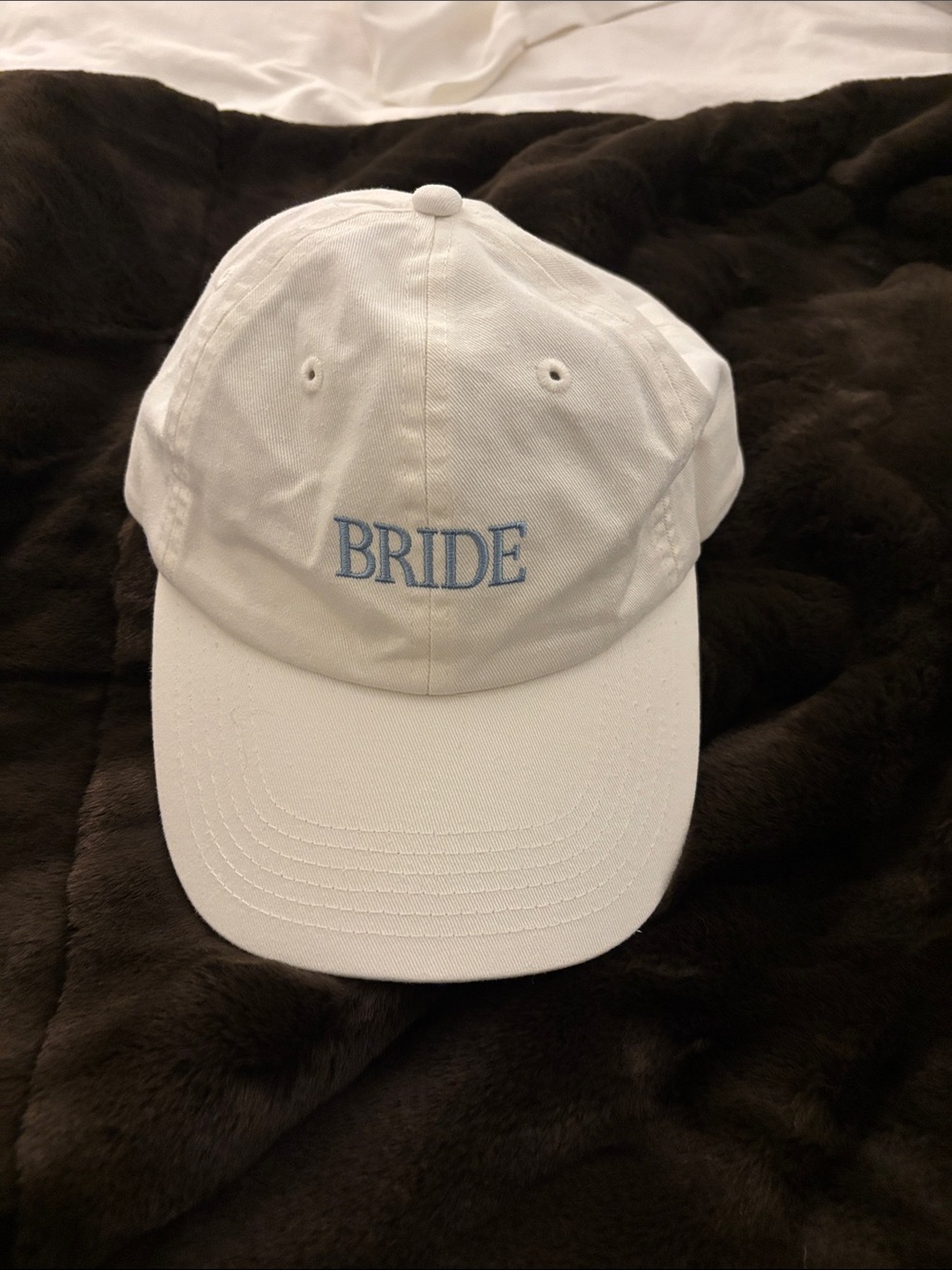 Favorite Daughter White Baseball Cap with Light Blue "BRIDE" Embroidery